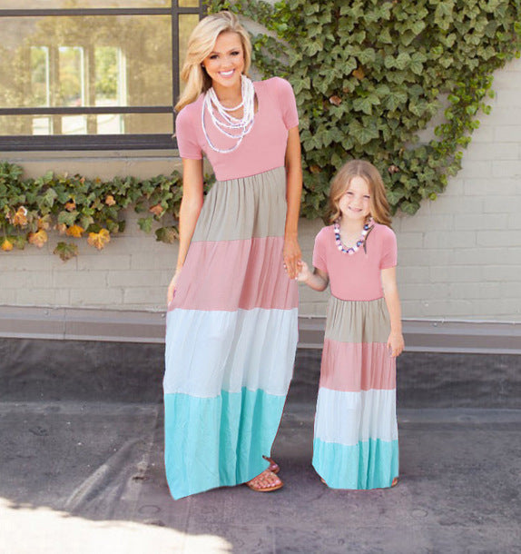 Short-sleeved Large Striped Stitching Women's Parent-child Dress